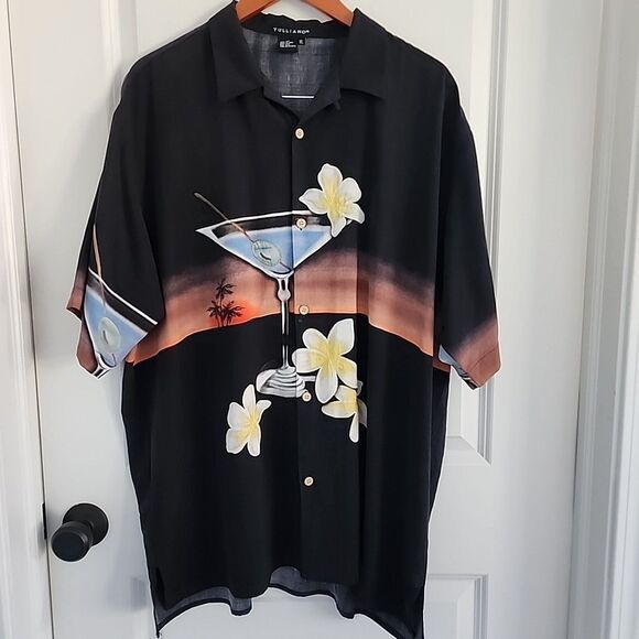 Tulliano Silk Camp Shirt Hawaiian Embroidered Martini Floral Sunset Black XL - Picture 1 of 7